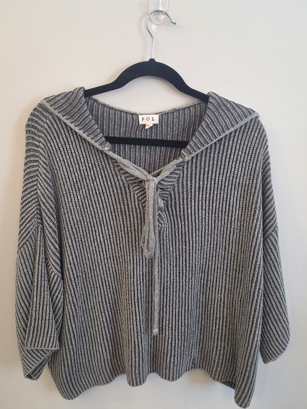 POL Gray Striped V-Neck Knit Hooded Sweater